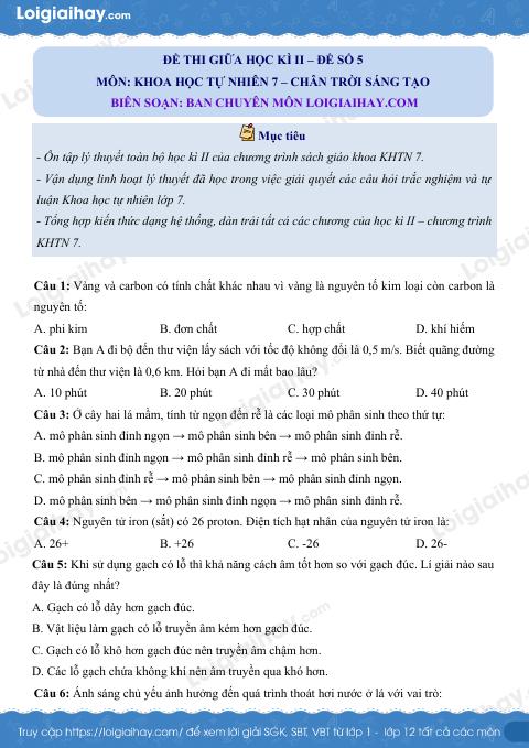 Đề thi giữa kì 2 KHTN 7 Chân trời sáng tạo - Đề số 3